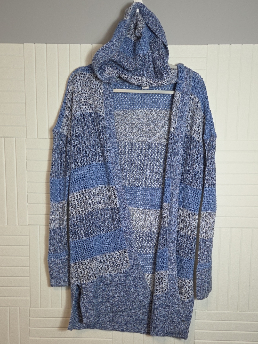 GAP 100% Cotton Hooded Crotcheted Long Open Front Cardigan Size M